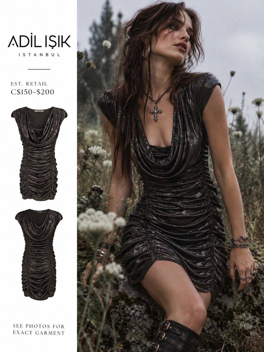 Metallic Black Ruched Cowl Neck Dress XS Like New NWOT Wet Look LaTeX Faux Y2k